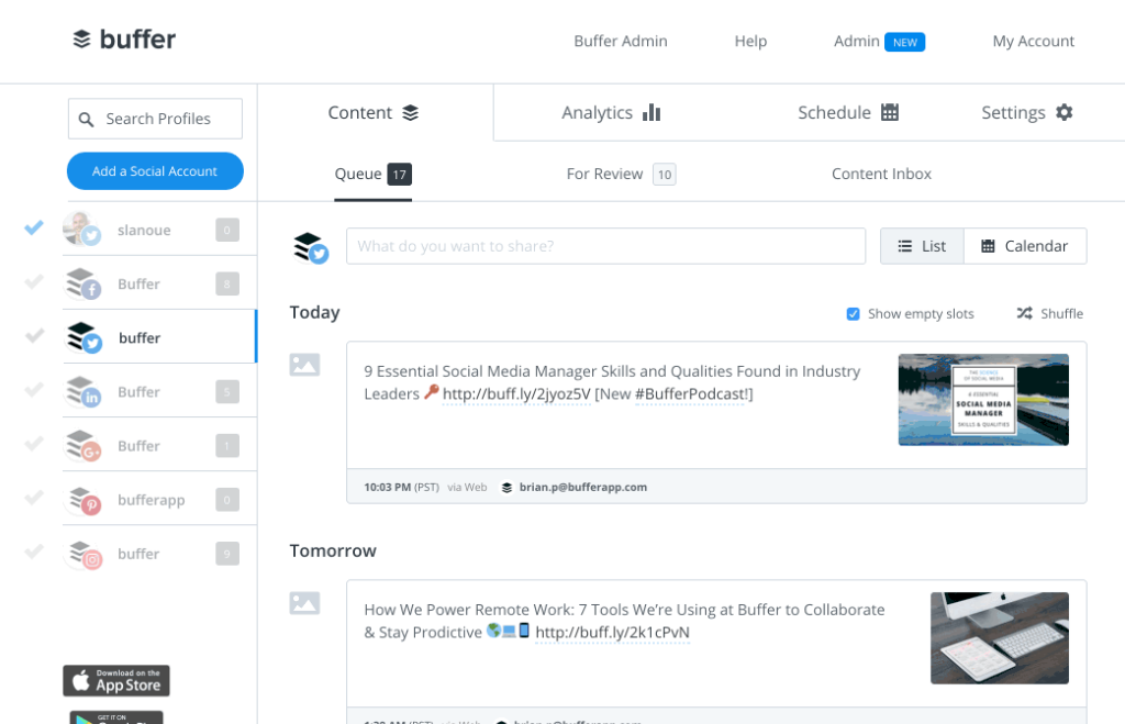 Buffer dashboard showing the queue-based scheduler with posts lined up for Today and Tomorrow, and connected social profiles listed in the left sidebar.