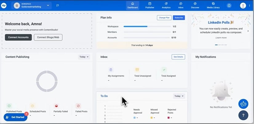 ContentStudio dashboard showing workspace overview, plan info, content publishing stats, and inbox.