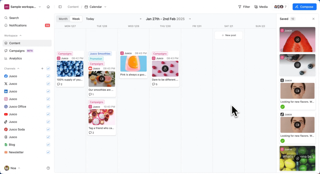 Planable's weekly content calendar showing scheduled posts across Instagram, YouTube, and TikTok channels, with a Saved drafts sidebar on the right.