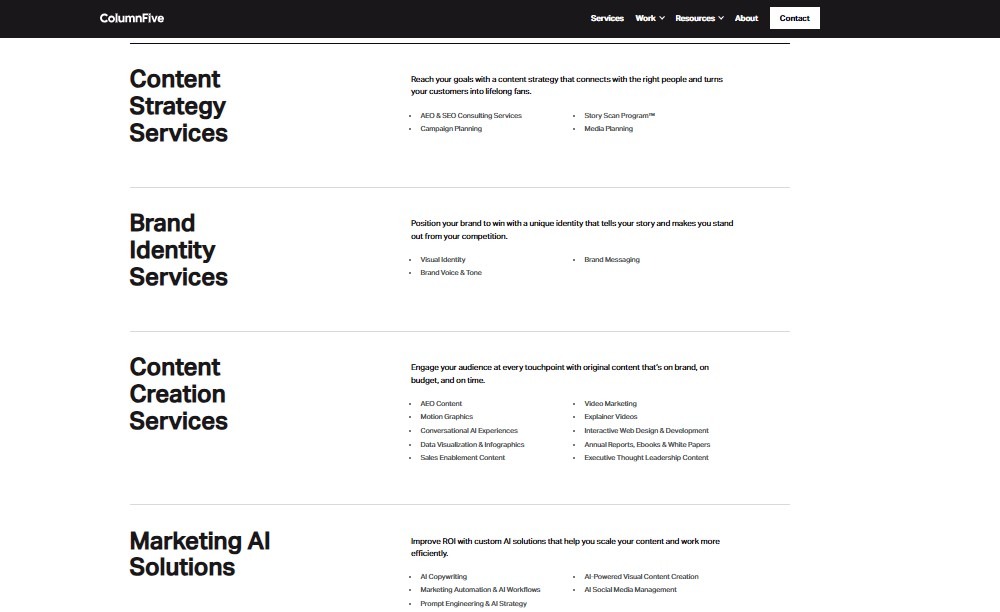 Column Five services page listing strategy, branding, and visual content distribution offerings.