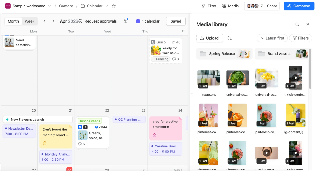 Agency team reviewing client social media posts in a shared Planable workspace dashboard with approval status icons and visual content previews.