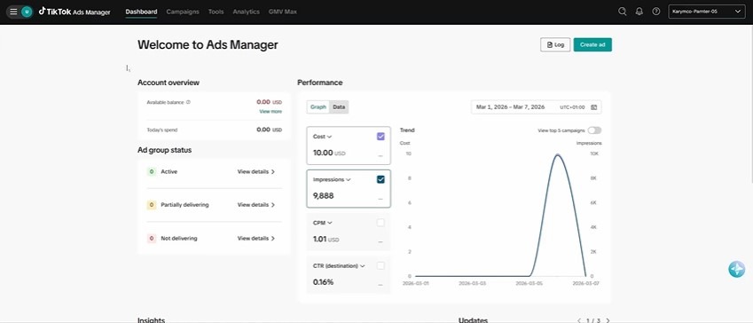 Screenshot of TikTok Ads Manager showing campaign cost per lead, impressions, and CTR metrics.
