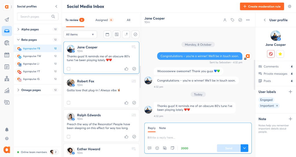Agorapulse dashboard listing connected Facebook, Twitter, LinkedIn, YouTube, and Instagram pages in a single Social Media Inbox view.