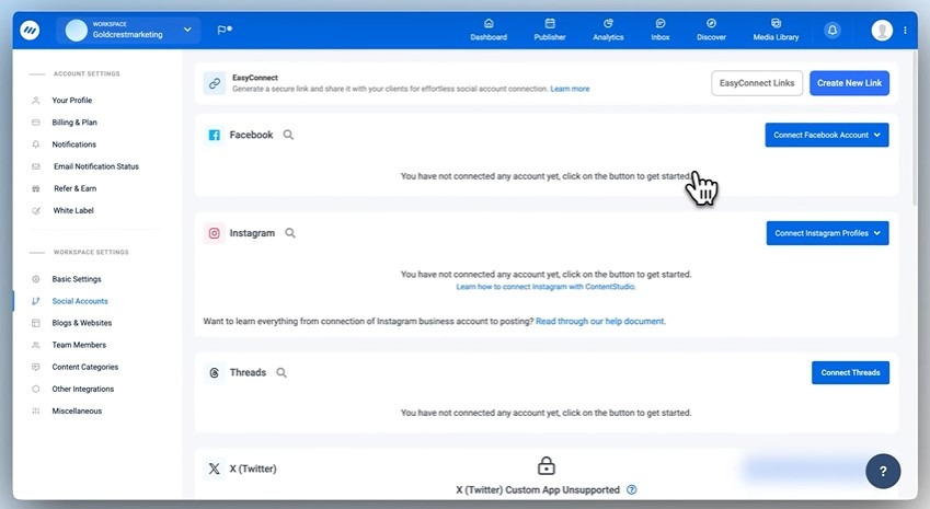 ContentStudio's Social Accounts settings page with connection options for major platforms.