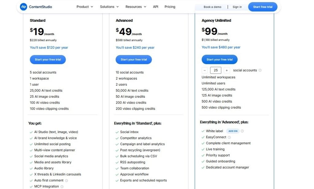 ContentStudio pricing page showing Standard, Advanced, and Agency Unlimited monthly plans side by side.