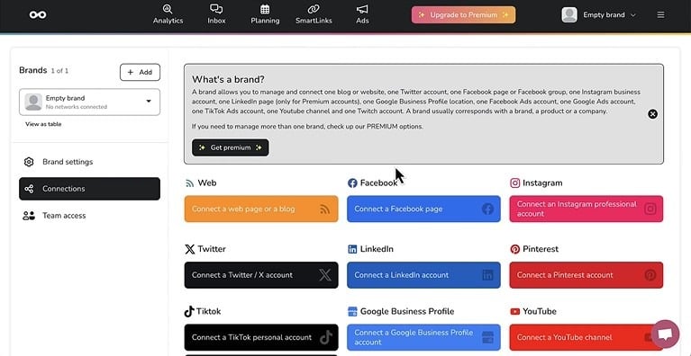 Metricool Connections panel for linking Instagram, Facebook, and other social accounts to a brand profile.