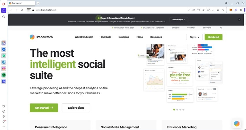 Brandwatch homepage featuring the tagline "The most intelligent social suite.