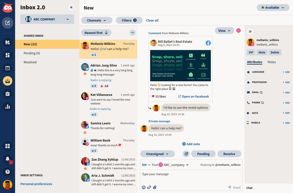 Hootsuite Inbox 2.0 dashboard showing a shared social inbox with multi-channel messages, contact attributes, and team assignment tools.