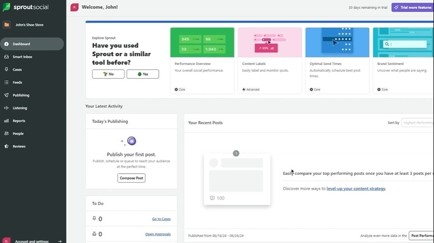 Sprout Social dashboard showing welcome screen, publishing tools, and recent activity panels.
