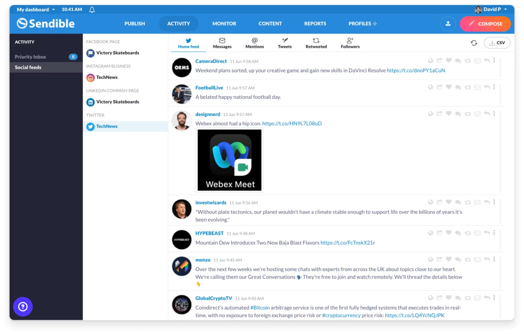 Sendible Activity tab aggregating a Twitter home feed from connected client profiles across multiple networks.