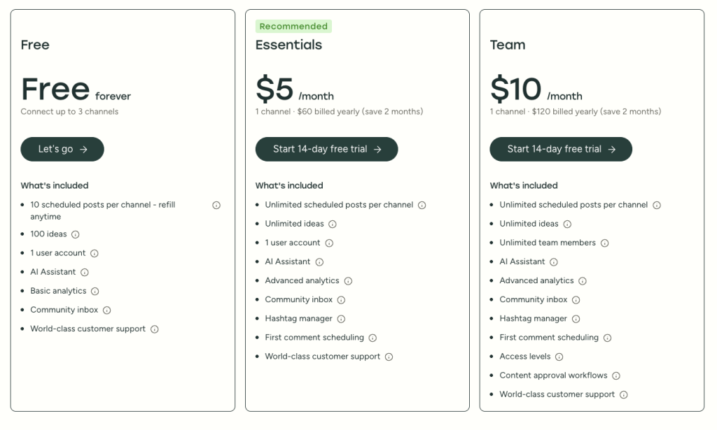 Buffer’s pricing packages, which begin at $5/month
