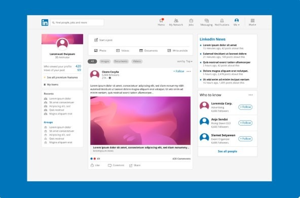 Mockup of the LinkedIn homepage showing a user's feed, post composer, and news sidebar.