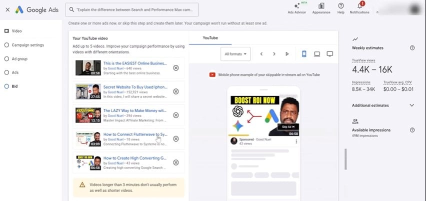 Google Ads setup screen showing skippable in-stream YouTube ads selected for a lead generation campaign.
