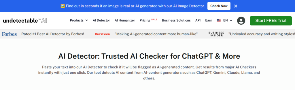 Undetectable AI website homepage featuring the AI Detector tool.
