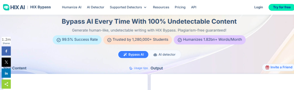 HIX Bypass website showing its tagline "Bypass AI Every Time With 100% Undetectable Content".