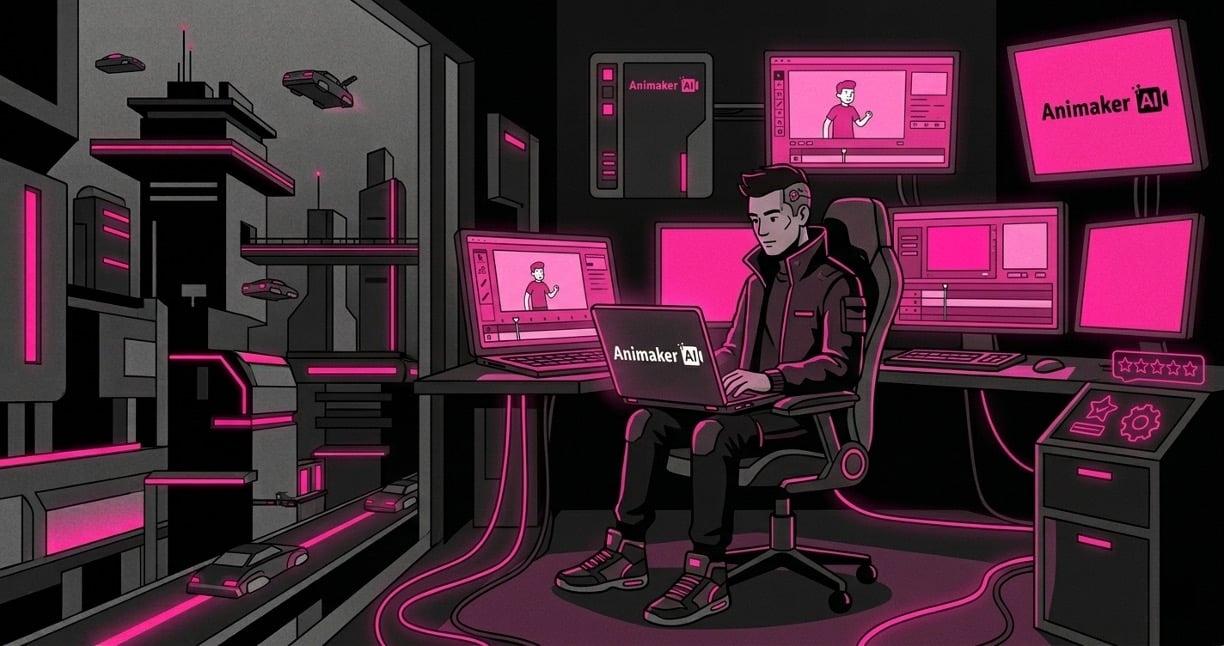 A 2D cyberpunk-style illustration of a man sitting in a dark, high-tech room creating animations on a laptop and multiple monitors. The scene features a primary hot pink, black, and grey color palette with glowing neon accents. The "Animaker AI" logo is visible on the laptop and screens, overlooking a futuristic city skyline with flying vehicles.