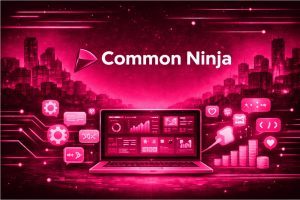 A cyber-punk illustration that shows a laptop and the words “Common Ninja” above it