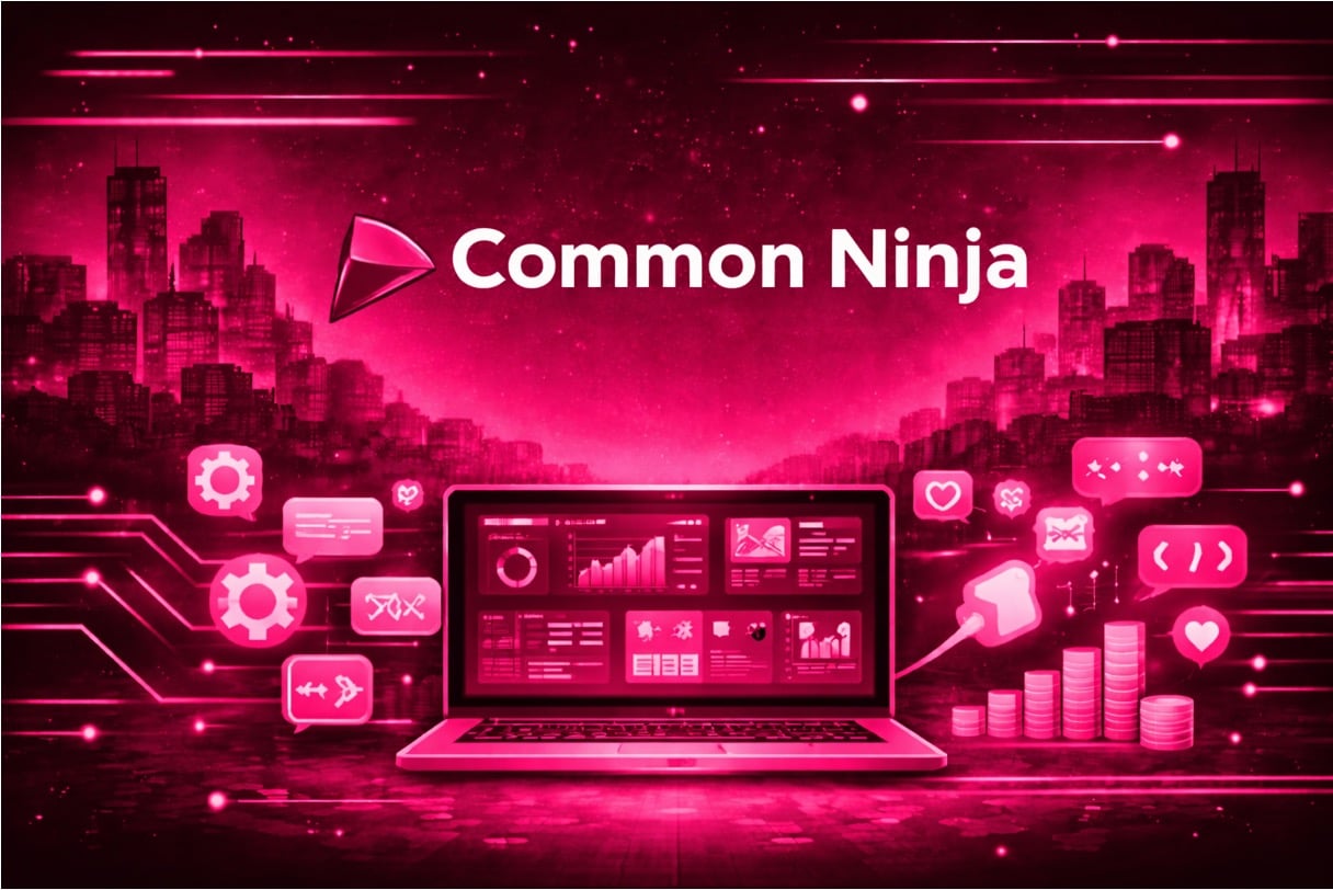 A cyber-punk illustration that shows a laptop and the words “Common Ninja” above it