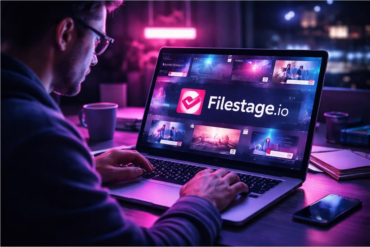 A person operating a computer with the Filestage.io displayed across the screen