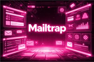 Cyberpunk illustration of a Mailtrap platform overview