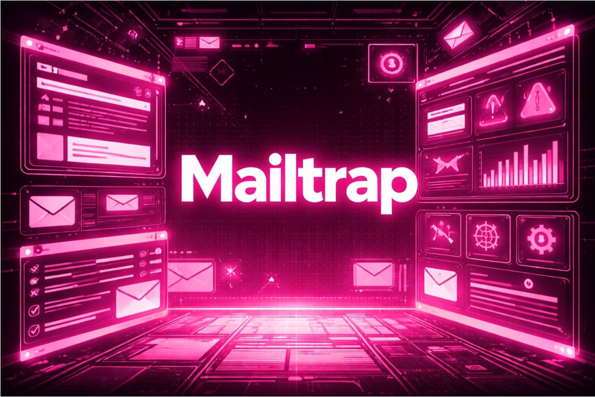 Cyberpunk illustration of a Mailtrap platform overview