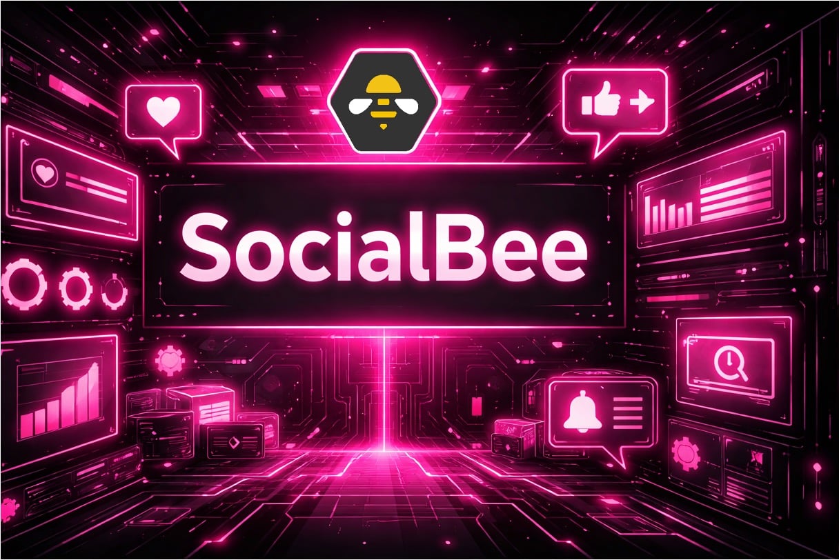 Cyberpunk-inspired illustration of a poster that reads, SocialBee Reviews, Features & Pricing: Is This AI Social Media Management Tool Legit?