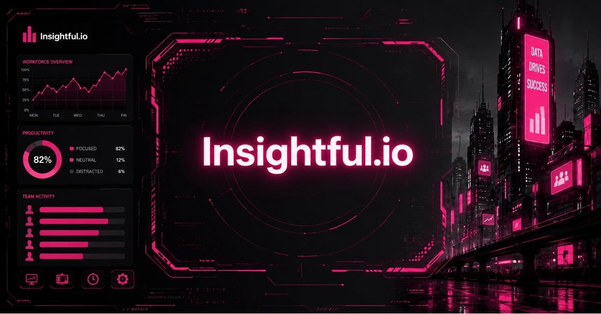 Cyberpunk workforce analytics dashboard with neon pink Insightful.io branding and metrics