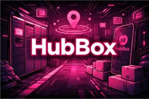 Futuristic neon illustration of HubBox local pickup app, showing smart lockers, delivery boxes, and a mobile interface with location pin highlighting parcel collection and delivery features.