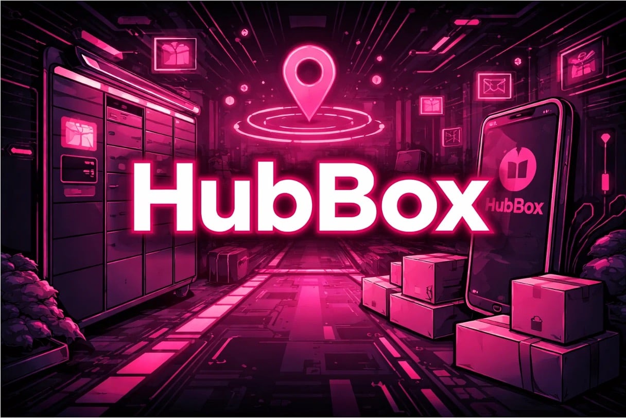 Futuristic neon illustration of HubBox local pickup app, showing smart lockers, delivery boxes, and a mobile interface with location pin highlighting parcel collection and delivery features.