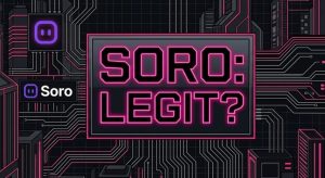 Glowing pink neon text that reads "SORO: LEGIT?" centered over a dark circuit board pattern