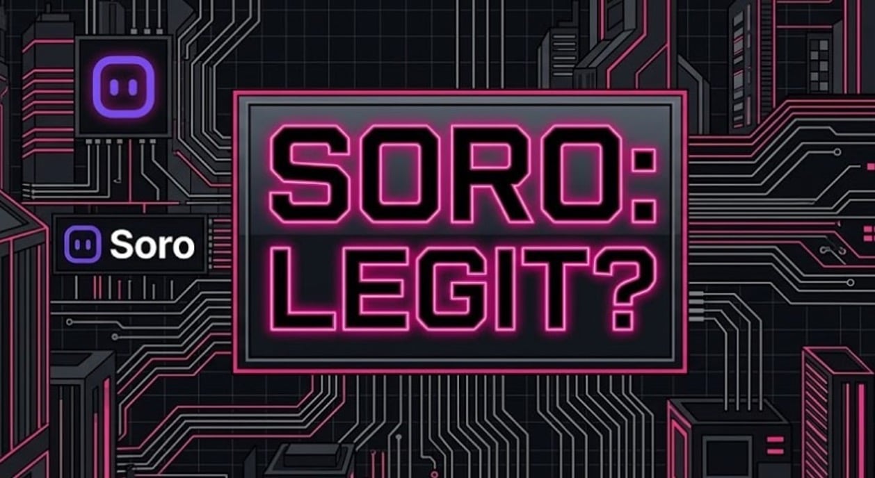Glowing pink neon text that reads "SORO: LEGIT?" centered over a dark circuit board pattern