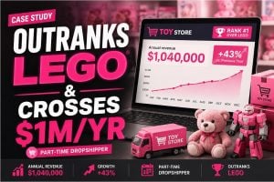 Illustration of a toy store ecommerce case study with a revenue dashboard showing $1.04M annual revenue and 43% growth after outranking LEGO