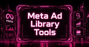 Meta Ad Library Tools title graphic with neon pink text on a futuristic digital city background