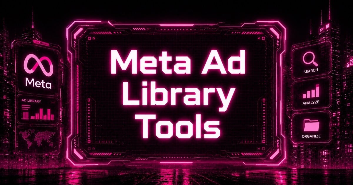 Meta Ad Library Tools title graphic with neon pink text on a futuristic digital city background