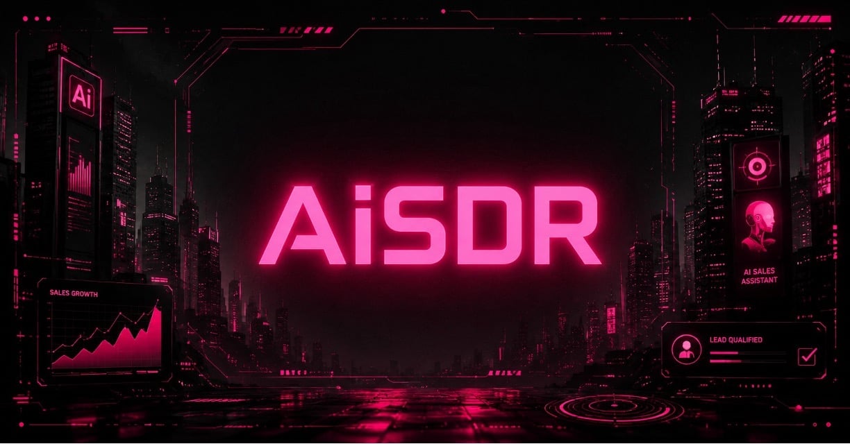 Neon pink AiSDR cyberpunk interface with futuristic AI sales dashboard