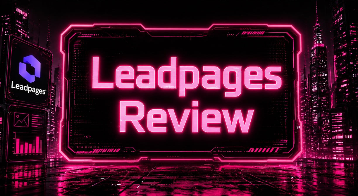 Neon pink cyberpunk Leadpages review featured image with logo and futuristic city for landing page builder guide
