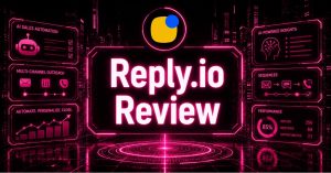 Cyberpunk-style Reply.io Review graphic featuring the Reply.io logo, glowing neon pink AI sales automation dashboards, outreach analytics panels, multichannel communication icons, and futuristic digital marketing visuals on a black and grey cityscape background.