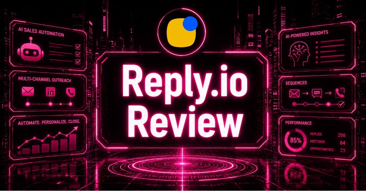 Cyberpunk-style Reply.io Review graphic featuring the Reply.io logo, glowing neon pink AI sales automation dashboards, outreach analytics panels, multichannel communication icons, and futuristic digital marketing visuals on a black and grey cityscape background.