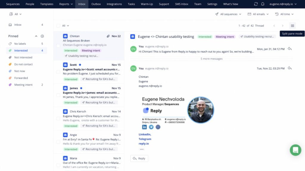 Reply.io inbox interface showing pinned email threads, sender labels, and an opened conversation with Eugene Nechvoloda.