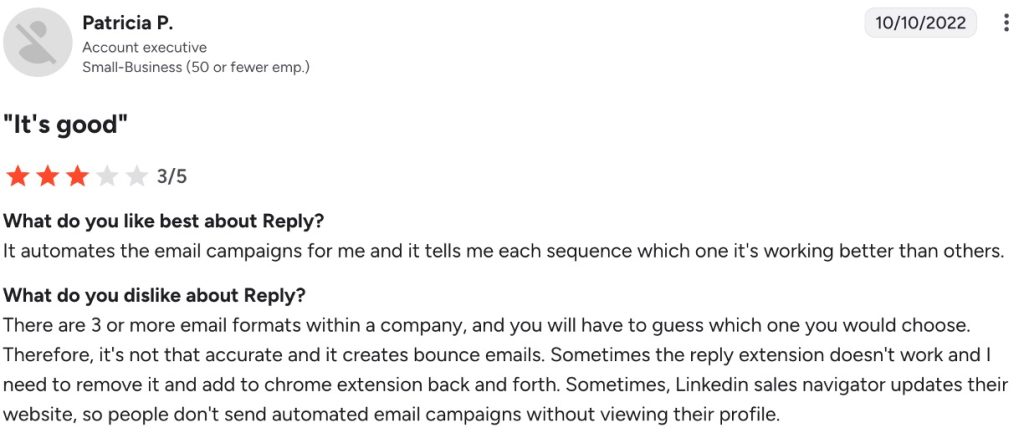 Three-star G2 review from Patricia P., an account executive, listing pros and cons of using Reply.io for email campaigns.