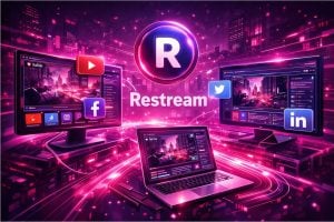 Restream logo with YouTube, Facebook, Twitter, and LinkedIn icons on multiple screens, showing multiplatform live streaming.