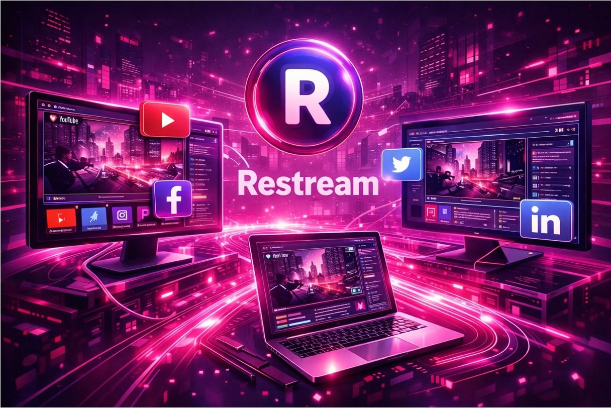 Restream logo with YouTube, Facebook, Twitter, and LinkedIn icons on multiple screens, showing multiplatform live streaming.