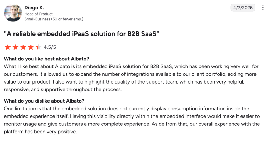 Screenshot of a 4.5/5 star Albato review by Diego K., Head of Product at a small business