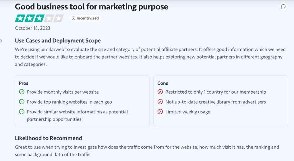 Similarweb user review titled "Good business tool for marketing purpose" with a 3-star rating, listing pros and cons