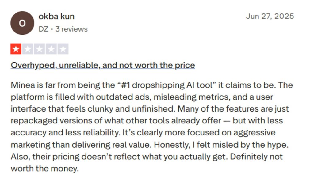 Trustpilot 1-star Minea review describing the platform as filled with outdated ads, misleading metrics, and a clunky interface