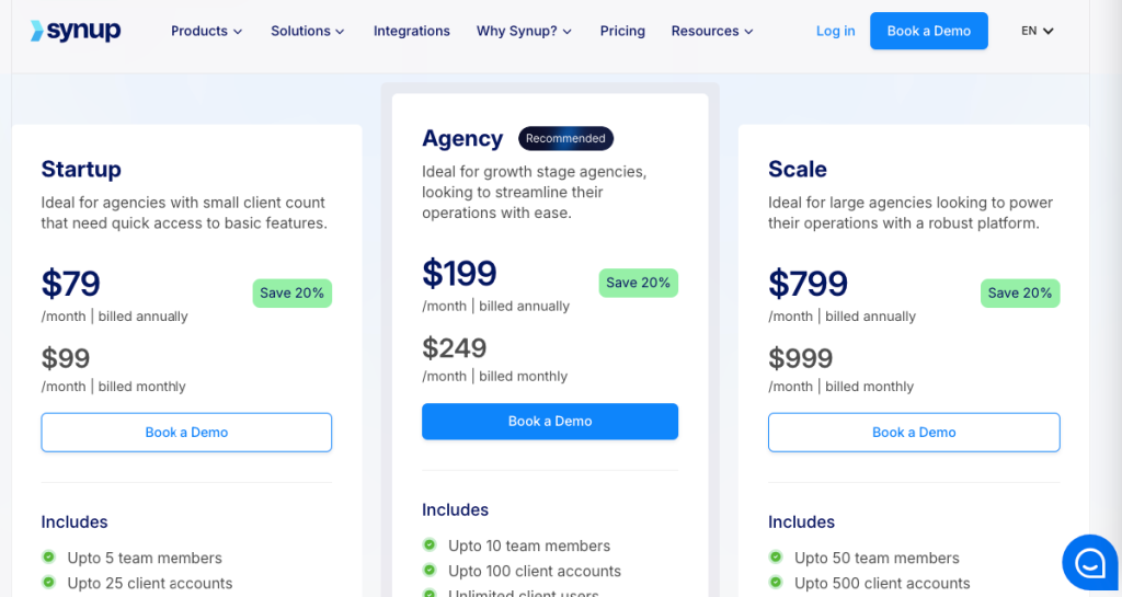 Screenshot from Synup’s pricing page.