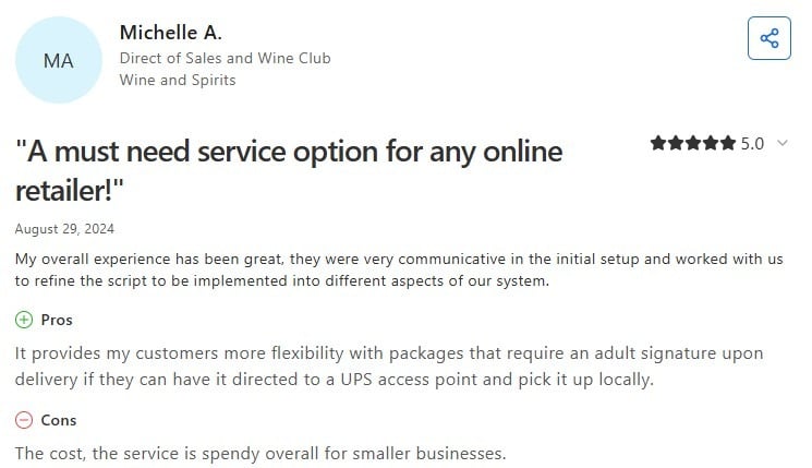 5-star review by a Wine & Spirits sales director highlighting HubBox's adult-signature pickup flexibility.
