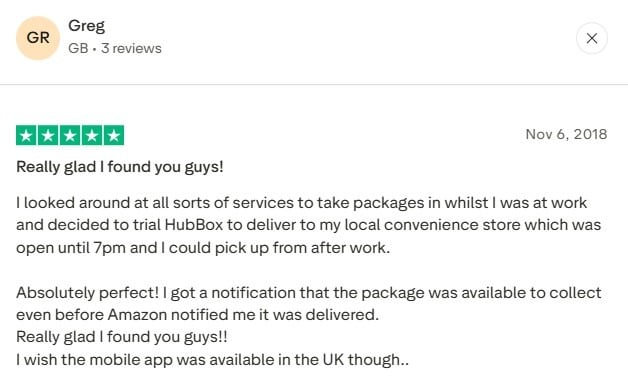 5-star review by Greg, praising HubBox's local pickup delivery service.