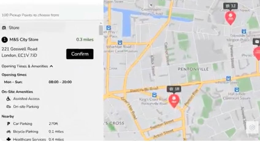 HubBox pickup point screen showing M&S City Store details and a map of the Pentonville area.