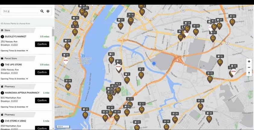 Map showing multiple pickup locations across Brooklyn and Manhattan with a store list panel.